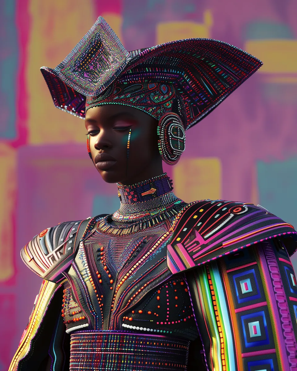 A model wearing Afro-Futurist Expression fashion, drawing on the Afro-futurism movement.
